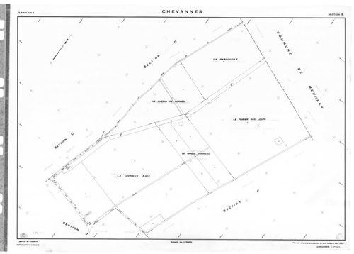 CHEVANNES .- Cadastre révisé pour 1934 : plan du tableau d'assemblage, plans de la section A les Messis 1ère feuille, idem 2ème feuille, idem 3ème feuille, section B le Village 1ère feuille, idem 2ème feuille, idem 3ème feuille, idem 4ème feuille ; cadast
