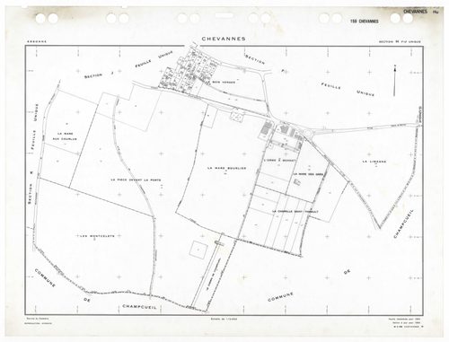 CHEVANNES, plans minutes de conservation : tableau d'assemblage,1953, Ech. 1/5000 ; plans des sections Ju, 1953, Ech. 1/1000, sections Au, Bu, Cu, Du, Eu, Fu, Gu, Hu, Ku, 1953, Ech. 1/2000. Polyester. N et B. Dim. 105 x 80 cm [11 plans]. 