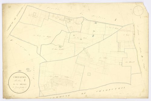 CHEVANNES. - Section A - Messis (les), 2, ech. 1/2500, coul., aquarelle, papier, 67x100 (1823). 