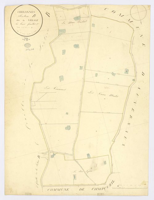 CHEVANNES. - Section B - Village (le), 2, ech. 1/2500, coul., aquarelle, papier, 67x50 (1823). 
