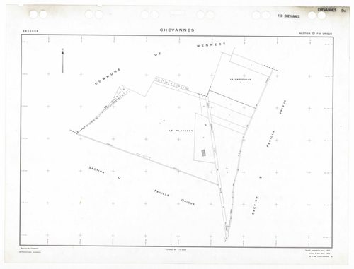CHEVANNES, plans minutes de conservation : tableau d'assemblage,1953, Ech. 1/5000 ; plans des sections Ju, 1953, Ech. 1/1000, sections Au, Bu, Cu, Du, Eu, Fu, Gu, Hu, Ku, 1953, Ech. 1/2000. Polyester. N et B. Dim. 105 x 80 cm [11 plans]. 