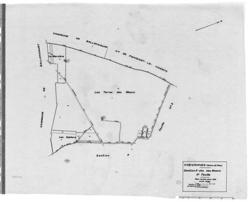 CHEVANNES .- Cadastre révisé pour 1934 : plan du tableau d'assemblage, plans de la section A les Messis 1ère feuille, idem 2ème feuille, idem 3ème feuille, section B le Village 1ère feuille, idem 2ème feuille, idem 3ème feuille, idem 4ème feuille ; cadast