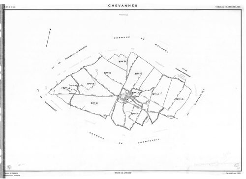CHEVANNES .- Cadastre révisé pour 1934 : plan du tableau d'assemblage, plans de la section A les Messis 1ère feuille, idem 2ème feuille, idem 3ème feuille, section B le Village 1ère feuille, idem 2ème feuille, idem 3ème feuille, idem 4ème feuille ; cadast
