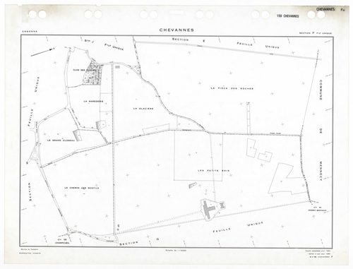 CHEVANNES, plans minutes de conservation : tableau d'assemblage,1953, Ech. 1/5000 ; plans des sections Ju, 1953, Ech. 1/1000, sections Au, Bu, Cu, Du, Eu, Fu, Gu, Hu, Ku, 1953, Ech. 1/2000. Polyester. N et B. Dim. 105 x 80 cm [11 plans]. 