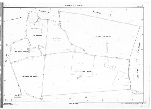 CHEVANNES .- Cadastre révisé pour 1934 : plan du tableau d'assemblage, plans de la section A les Messis 1ère feuille, idem 2ème feuille, idem 3ème feuille, section B le Village 1ère feuille, idem 2ème feuille, idem 3ème feuille, idem 4ème feuille ; cadast