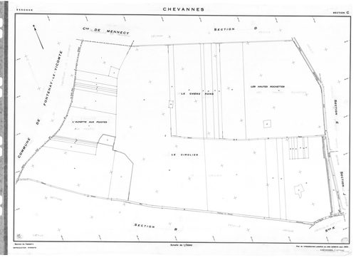 CHEVANNES .- Cadastre révisé pour 1934 : plan du tableau d'assemblage, plans de la section A les Messis 1ère feuille, idem 2ème feuille, idem 3ème feuille, section B le Village 1ère feuille, idem 2ème feuille, idem 3ème feuille, idem 4ème feuille ; cadast