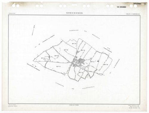 CHEVANNES, plans minutes de conservation : tableau d'assemblage,1953, Ech. 1/5000 ; plans des sections Ju, 1953, Ech. 1/1000, sections Au, Bu, Cu, Du, Eu, Fu, Gu, Hu, Ku, 1953, Ech. 1/2000. Polyester. N et B. Dim. 105 x 80 cm [11 plans]. 