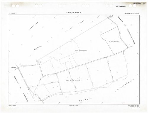 CHEVANNES, plans minutes de conservation : tableau d'assemblage,1953, Ech. 1/5000 ; plans des sections Ju, 1953, Ech. 1/1000, sections Au, Bu, Cu, Du, Eu, Fu, Gu, Hu, Ku, 1953, Ech. 1/2000. Polyester. N et B. Dim. 105 x 80 cm [11 plans]. 