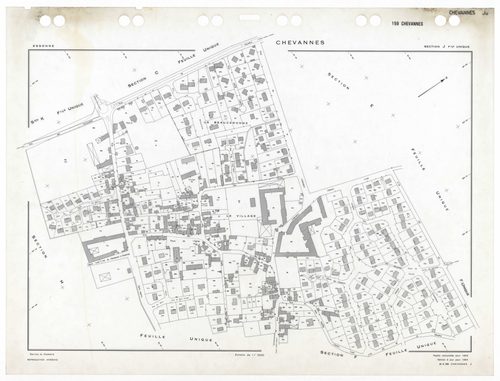 CHEVANNES, plans minutes de conservation : tableau d'assemblage,1953, Ech. 1/5000 ; plans des sections Ju, 1953, Ech. 1/1000, sections Au, Bu, Cu, Du, Eu, Fu, Gu, Hu, Ku, 1953, Ech. 1/2000. Polyester. N et B. Dim. 105 x 80 cm [11 plans]. 