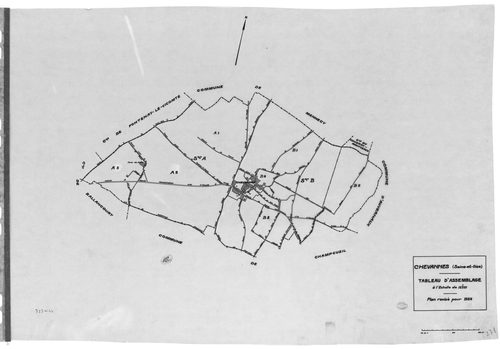 CHEVANNES .- Cadastre révisé pour 1934 : plan du tableau d'assemblage, plans de la section A les Messis 1ère feuille, idem 2ème feuille, idem 3ème feuille, section B le Village 1ère feuille, idem 2ème feuille, idem 3ème feuille, idem 4ème feuille ; cadast
