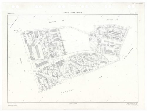 CHILLY-MAZARIN, plans minutes de conservation : tableau d'assemblage,1968, Ech. 1/5000 ; plans des sections AB, AC, AN, 1968, Ech. 1/2000, sections AD, AE, AH, AI, AK, AL, AM, AO, AP, 1968, Ech. 1/1000. Polyester. N et B. Dim. 105 x 80 cm [13 plans]. 