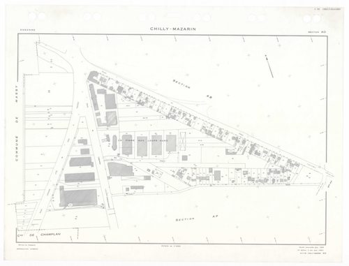 CHILLY-MAZARIN, plans minutes de conservation : tableau d'assemblage,1968, Ech. 1/5000 ; plans des sections AB, AC, AN, 1968, Ech. 1/2000, sections AD, AE, AH, AI, AK, AL, AM, AO, AP, 1968, Ech. 1/1000. Polyester. N et B. Dim. 105 x 80 cm [13 plans]. 