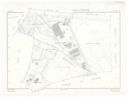 CHILLY-MAZARIN, plans minutes de conservation : tableau d'assemblage,1968, Ech. 1/5000 ; plans des sections AB, AC, AN, 1968, Ech. 1/2000, sections AD, AE, AH, AI, AK, AL, AM, AO, AP, 1968, Ech. 1/1000. Polyester. N et B. Dim. 105 x 80 cm [13 plans]. 