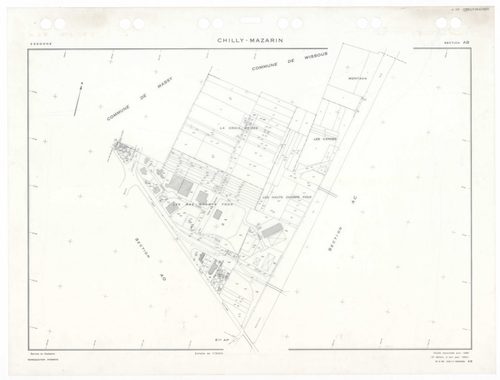 CHILLY-MAZARIN, plans minutes de conservation : tableau d'assemblage,1968, Ech. 1/5000 ; plans des sections AB, AC, AN, 1968, Ech. 1/2000, sections AD, AE, AH, AI, AK, AL, AM, AO, AP, 1968, Ech. 1/1000. Polyester. N et B. Dim. 105 x 80 cm [13 plans]. 