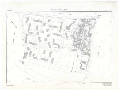 CHILLY-MAZARIN, plans minutes de conservation : tableau d'assemblage,1968, Ech. 1/5000 ; plans des sections AB, AC, AN, 1968, Ech. 1/2000, sections AD, AE, AH, AI, AK, AL, AM, AO, AP, 1968, Ech. 1/1000. Polyester. N et B. Dim. 105 x 80 cm [13 plans]. 