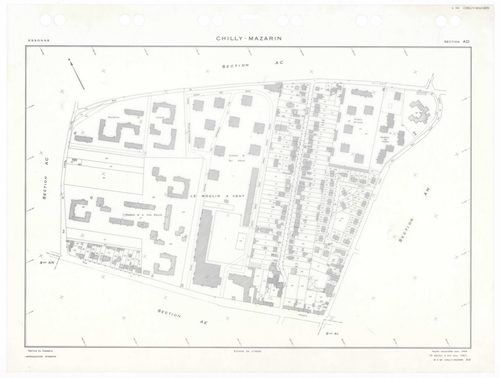 CHILLY-MAZARIN, plans minutes de conservation : tableau d'assemblage,1968, Ech. 1/5000 ; plans des sections AB, AC, AN, 1968, Ech. 1/2000, sections AD, AE, AH, AI, AK, AL, AM, AO, AP, 1968, Ech. 1/1000. Polyester. N et B. Dim. 105 x 80 cm [13 plans]. 