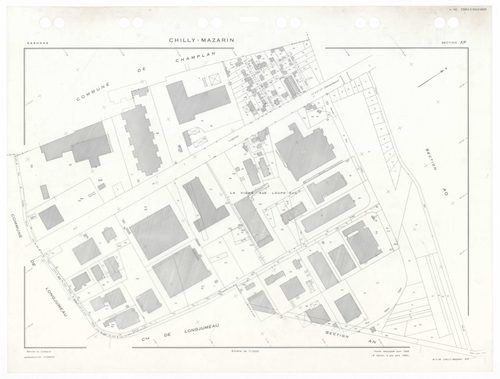 CHILLY-MAZARIN, plans minutes de conservation : tableau d'assemblage,1968, Ech. 1/5000 ; plans des sections AB, AC, AN, 1968, Ech. 1/2000, sections AD, AE, AH, AI, AK, AL, AM, AO, AP, 1968, Ech. 1/1000. Polyester. N et B. Dim. 105 x 80 cm [13 plans]. 