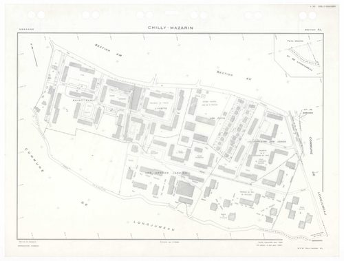 CHILLY-MAZARIN, plans minutes de conservation : tableau d'assemblage,1968, Ech. 1/5000 ; plans des sections AB, AC, AN, 1968, Ech. 1/2000, sections AD, AE, AH, AI, AK, AL, AM, AO, AP, 1968, Ech. 1/1000. Polyester. N et B. Dim. 105 x 80 cm [13 plans]. 