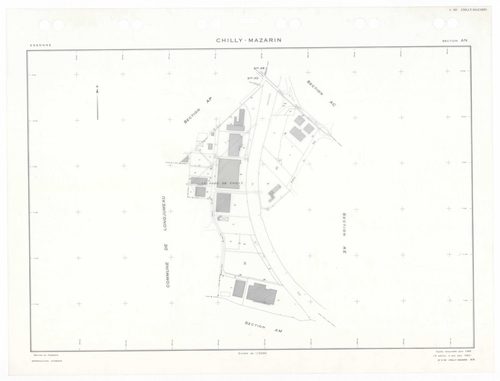 CHILLY-MAZARIN, plans minutes de conservation : tableau d'assemblage,1968, Ech. 1/5000 ; plans des sections AB, AC, AN, 1968, Ech. 1/2000, sections AD, AE, AH, AI, AK, AL, AM, AO, AP, 1968, Ech. 1/1000. Polyester. N et B. Dim. 105 x 80 cm [13 plans]. 