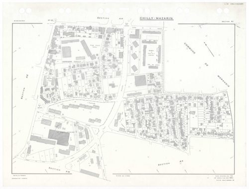 CHILLY-MAZARIN, plans minutes de conservation : tableau d'assemblage,1968, Ech. 1/5000 ; plans des sections AB, AC, AN, 1968, Ech. 1/2000, sections AD, AE, AH, AI, AK, AL, AM, AO, AP, 1968, Ech. 1/1000. Polyester. N et B. Dim. 105 x 80 cm [13 plans]. 