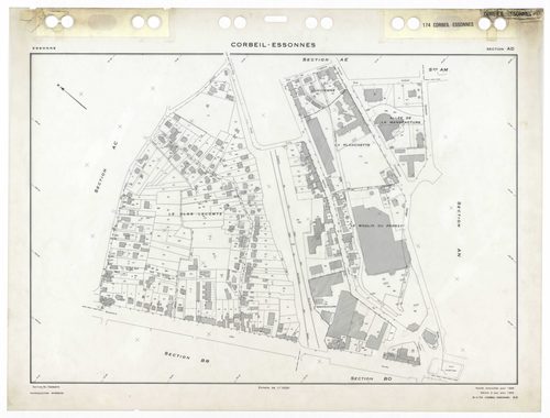 CORBEIL-ESSONNES, plans minutes de conservation : tableau d'assemblage,1968, Ech. 1/10000 ; plans des sections AC, AD, AE, AH, AL, AM, AN, AO, AP, AR, AS, AT, AV, AW, AX, AY, AZ, BC, BD, BE, BH, BI, BK, BL, BM, BO, BP, BR, 1968, Ech. 1/1000, sections BV, 