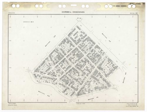CORBEIL-ESSONNES, plans minutes de conservation : tableau d'assemblage,1968, Ech. 1/10000 ; plans des sections AC, AD, AE, AH, AL, AM, AN, AO, AP, AR, AS, AT, AV, AW, AX, AY, AZ, BC, BD, BE, BH, BI, BK, BL, BM, BO, BP, BR, 1968, Ech. 1/1000, sections BV, 