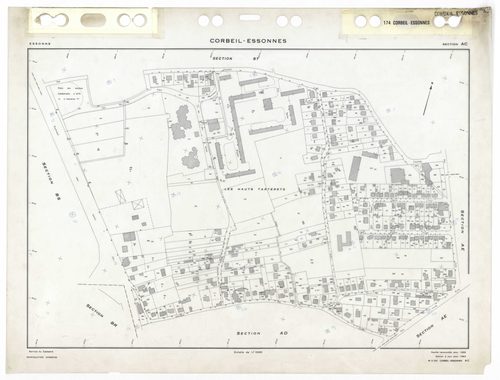 CORBEIL-ESSONNES, plans minutes de conservation : tableau d'assemblage,1968, Ech. 1/10000 ; plans des sections AC, AD, AE, AH, AL, AM, AN, AO, AP, AR, AS, AT, AV, AW, AX, AY, AZ, BC, BD, BE, BH, BI, BK, BL, BM, BO, BP, BR, 1968, Ech. 1/1000, sections BV, 