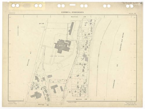 CORBEIL-ESSONNES, plans minutes de conservation : tableau d'assemblage,1968, Ech. 1/10000 ; plans des sections AC, AD, AE, AH, AL, AM, AN, AO, AP, AR, AS, AT, AV, AW, AX, AY, AZ, BC, BD, BE, BH, BI, BK, BL, BM, BO, BP, BR, 1968, Ech. 1/1000, sections BV, 