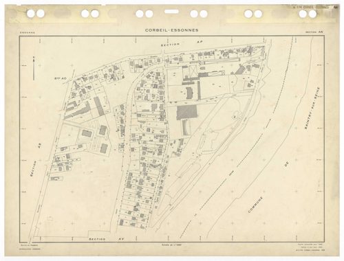 CORBEIL-ESSONNES, plans minutes de conservation : tableau d'assemblage,1968, Ech. 1/10000 ; plans des sections AC, AD, AE, AH, AL, AM, AN, AO, AP, AR, AS, AT, AV, AW, AX, AY, AZ, BC, BD, BE, BH, BI, BK, BL, BM, BO, BP, BR, 1968, Ech. 1/1000, sections BV, 