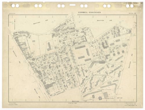 CORBEIL-ESSONNES, plans minutes de conservation : tableau d'assemblage,1968, Ech. 1/10000 ; plans des sections AC, AD, AE, AH, AL, AM, AN, AO, AP, AR, AS, AT, AV, AW, AX, AY, AZ, BC, BD, BE, BH, BI, BK, BL, BM, BO, BP, BR, 1968, Ech. 1/1000, sections BV, 