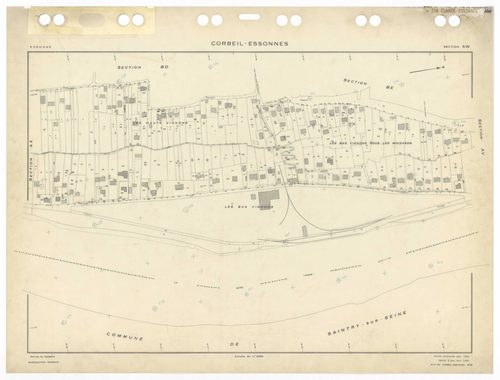 CORBEIL-ESSONNES, plans minutes de conservation : tableau d'assemblage,1968, Ech. 1/10000 ; plans des sections AC, AD, AE, AH, AL, AM, AN, AO, AP, AR, AS, AT, AV, AW, AX, AY, AZ, BC, BD, BE, BH, BI, BK, BL, BM, BO, BP, BR, 1968, Ech. 1/1000, sections BV, 