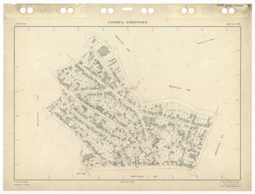 CORBEIL-ESSONNES, plans minutes de conservation : tableau d'assemblage,1968, Ech. 1/10000 ; plans des sections AC, AD, AE, AH, AL, AM, AN, AO, AP, AR, AS, AT, AV, AW, AX, AY, AZ, BC, BD, BE, BH, BI, BK, BL, BM, BO, BP, BR, 1968, Ech. 1/1000, sections BV, 