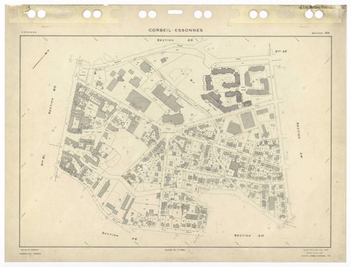 CORBEIL-ESSONNES, plans minutes de conservation : tableau d'assemblage,1968, Ech. 1/10000 ; plans des sections AC, AD, AE, AH, AL, AM, AN, AO, AP, AR, AS, AT, AV, AW, AX, AY, AZ, BC, BD, BE, BH, BI, BK, BL, BM, BO, BP, BR, 1968, Ech. 1/1000, sections BV, 