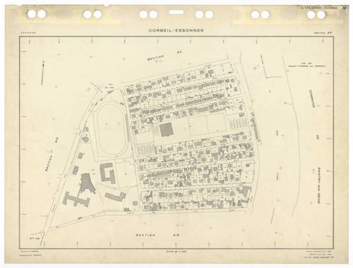 CORBEIL-ESSONNES, plans minutes de conservation : tableau d'assemblage,1968, Ech. 1/10000 ; plans des sections AC, AD, AE, AH, AL, AM, AN, AO, AP, AR, AS, AT, AV, AW, AX, AY, AZ, BC, BD, BE, BH, BI, BK, BL, BM, BO, BP, BR, 1968, Ech. 1/1000, sections BV, 