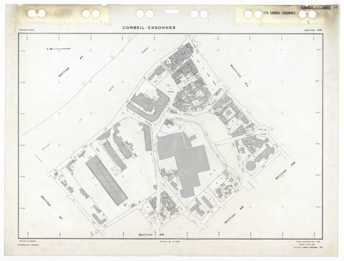 CORBEIL-ESSONNES, plans minutes de conservation : tableau d'assemblage,1968, Ech. 1/10000 ; plans des sections AC, AD, AE, AH, AL, AM, AN, AO, AP, AR, AS, AT, AV, AW, AX, AY, AZ, BC, BD, BE, BH, BI, BK, BL, BM, BO, BP, BR, 1968, Ech. 1/1000, sections BV, 