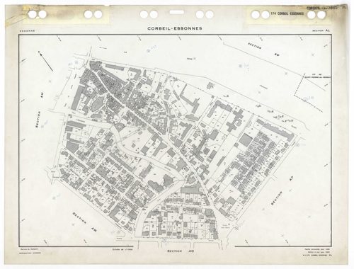 CORBEIL-ESSONNES, plans minutes de conservation : tableau d'assemblage,1968, Ech. 1/10000 ; plans des sections AC, AD, AE, AH, AL, AM, AN, AO, AP, AR, AS, AT, AV, AW, AX, AY, AZ, BC, BD, BE, BH, BI, BK, BL, BM, BO, BP, BR, 1968, Ech. 1/1000, sections BV, 