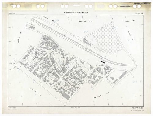 CORBEIL-ESSONNES, plans minutes de conservation : tableau d'assemblage,1968, Ech. 1/10000 ; plans des sections AC, AD, AE, AH, AL, AM, AN, AO, AP, AR, AS, AT, AV, AW, AX, AY, AZ, BC, BD, BE, BH, BI, BK, BL, BM, BO, BP, BR, 1968, Ech. 1/1000, sections BV, 