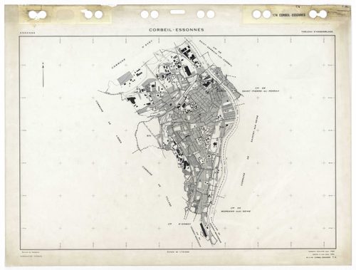 CORBEIL-ESSONNES, plans minutes de conservation : tableau d'assemblage,1968, Ech. 1/10000 ; plans des sections AC, AD, AE, AH, AL, AM, AN, AO, AP, AR, AS, AT, AV, AW, AX, AY, AZ, BC, BD, BE, BH, BI, BK, BL, BM, BO, BP, BR, 1968, Ech. 1/1000, sections BV, 