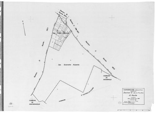 CORBREUSE .- Cadastre révisé pour 1940 : plan du tableau d'assemblage , plans de la section A la Ferme Durand 1ère feuille, idem 2ème feuille, section B le Village 1ère feuille, idem 2ème feuille, idem 3ème feuille, section C le Trouvillier 1ère feuille, 
