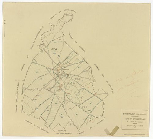 Plans minutes de conservation : CORBREUSE : tableau d'assemblage n°1, ech. 1/10000 (1940), sections A1, A2, B1, B3, C1, C2, C3, D1, D2, D3, ech. 1/2500, section B2, ech. 1/1250 (1940) ; tableau d'assemblage n°2, ech. 1/10000 (1940-1966) ; sections A, C, B