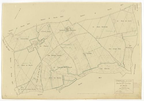Plans minutes de conservation : CORBREUSE : tableau d'assemblage n°1, ech. 1/10000 (1940), sections A1, A2, B1, B3, C1, C2, C3, D1, D2, D3, ech. 1/2500, section B2, ech. 1/1250 (1940) ; tableau d'assemblage n°2, ech. 1/10000 (1940-1966) ; sections A, C, B