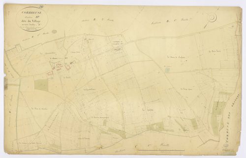 CORBREUSE. - Section B - Village (le), 3, ech. 1/2500, coul., aquarelle, papier, 66x103 (1828). 