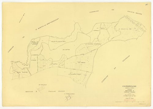 Plans minutes de conservation : CORBREUSE : tableau d'assemblage n°1, ech. 1/10000 (1940), sections A1, A2, B1, B3, C1, C2, C3, D1, D2, D3, ech. 1/2500, section B2, ech. 1/1250 (1940) ; tableau d'assemblage n°2, ech. 1/10000 (1940-1966) ; sections A, C, B
