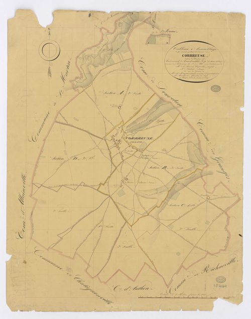 CORBREUSE. - Plan d'assemblage, ech. 1/10000, coul., aquarelle, papier, 67x52 (1828). 