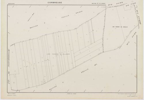 CORBREUSE, plans minutes de conservation : tableau d'assemblage,1940, Ech. 1/10000 ; plans des sections A, B1, B3, C, 1940, Ech. 1/2500, sections R, S1, S2, T, U, V1, V2, W, X, Y, Y, Z, 1960, Ech. 1/2000, section ZA, 1994, Ech. 1/2000. Polyester. N et B. 