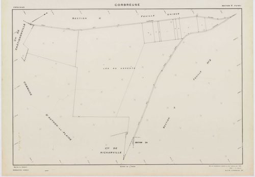 CORBREUSE, plans minutes de conservation : tableau d'assemblage,1940, Ech. 1/10000 ; plans des sections A, B1, B3, C, 1940, Ech. 1/2500, sections R, S1, S2, T, U, V1, V2, W, X, Y, Y, Z, 1960, Ech. 1/2000, section ZA, 1994, Ech. 1/2000. Polyester. N et B. 