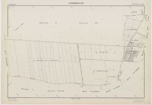 CORBREUSE, plans minutes de conservation : tableau d'assemblage,1940, Ech. 1/10000 ; plans des sections A, B1, B3, C, 1940, Ech. 1/2500, sections R, S1, S2, T, U, V1, V2, W, X, Y, Y, Z, 1960, Ech. 1/2000, section ZA, 1994, Ech. 1/2000. Polyester. N et B. 