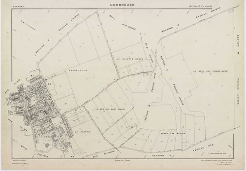 CORBREUSE, plans minutes de conservation : tableau d'assemblage,1940, Ech. 1/10000 ; plans des sections A, B1, B3, C, 1940, Ech. 1/2500, sections R, S1, S2, T, U, V1, V2, W, X, Y, Y, Z, 1960, Ech. 1/2000, section ZA, 1994, Ech. 1/2000. Polyester. N et B. 