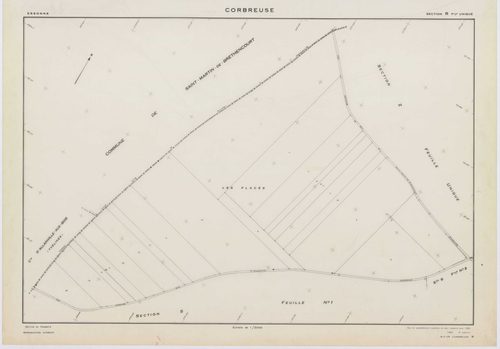 CORBREUSE, plans minutes de conservation : tableau d'assemblage,1940, Ech. 1/10000 ; plans des sections A, B1, B3, C, 1940, Ech. 1/2500, sections R, S1, S2, T, U, V1, V2, W, X, Y, Y, Z, 1960, Ech. 1/2000, section ZA, 1994, Ech. 1/2000. Polyester. N et B. 