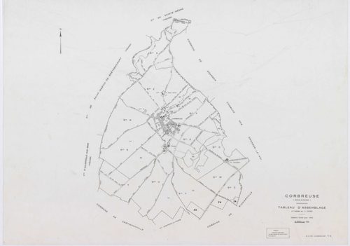 CORBREUSE, plans minutes de conservation : tableau d'assemblage,1940, Ech. 1/10000 ; plans des sections A, B1, B3, C, 1940, Ech. 1/2500, sections R, S1, S2, T, U, V1, V2, W, X, Y, Y, Z, 1960, Ech. 1/2000, section ZA, 1994, Ech. 1/2000. Polyester. N et B. 